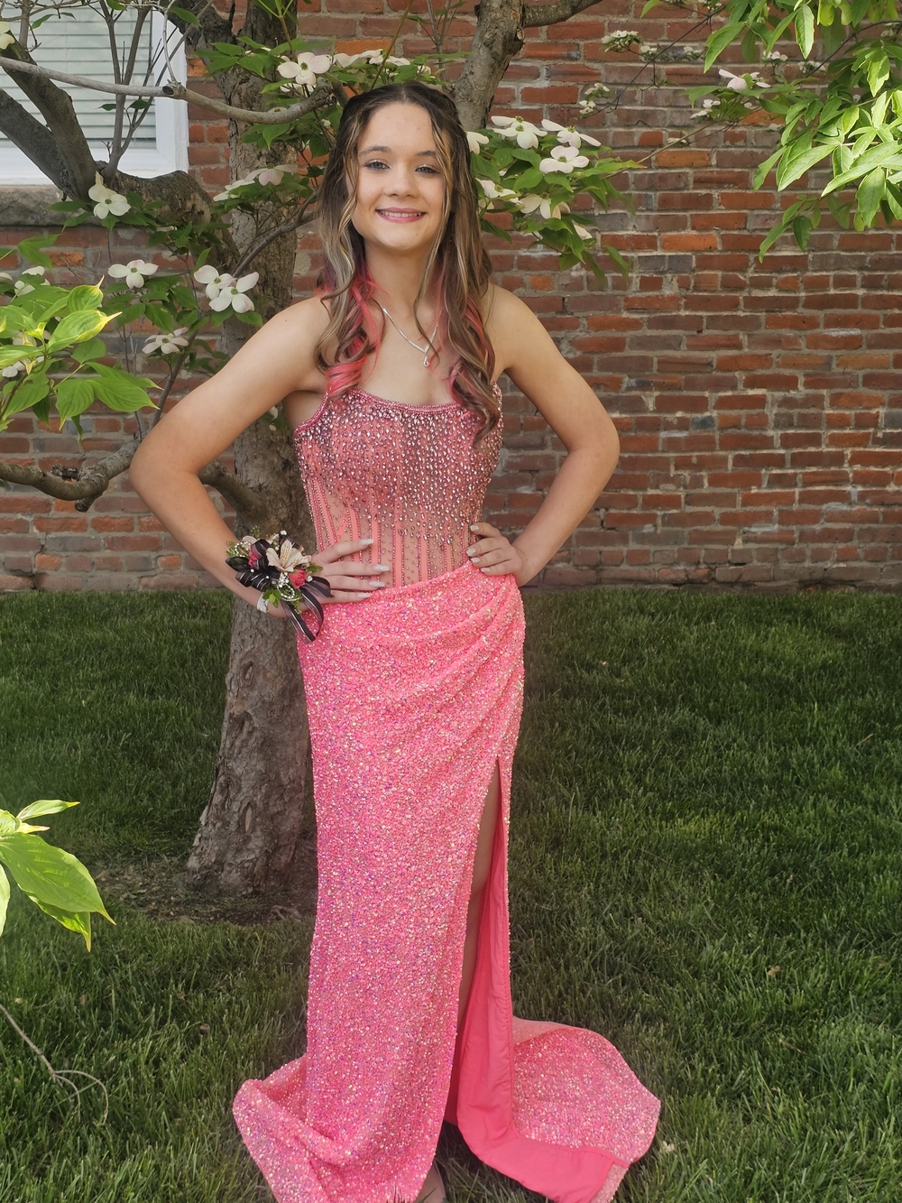 Girls Pink Sequin Evening Dress with Beaded Bodice